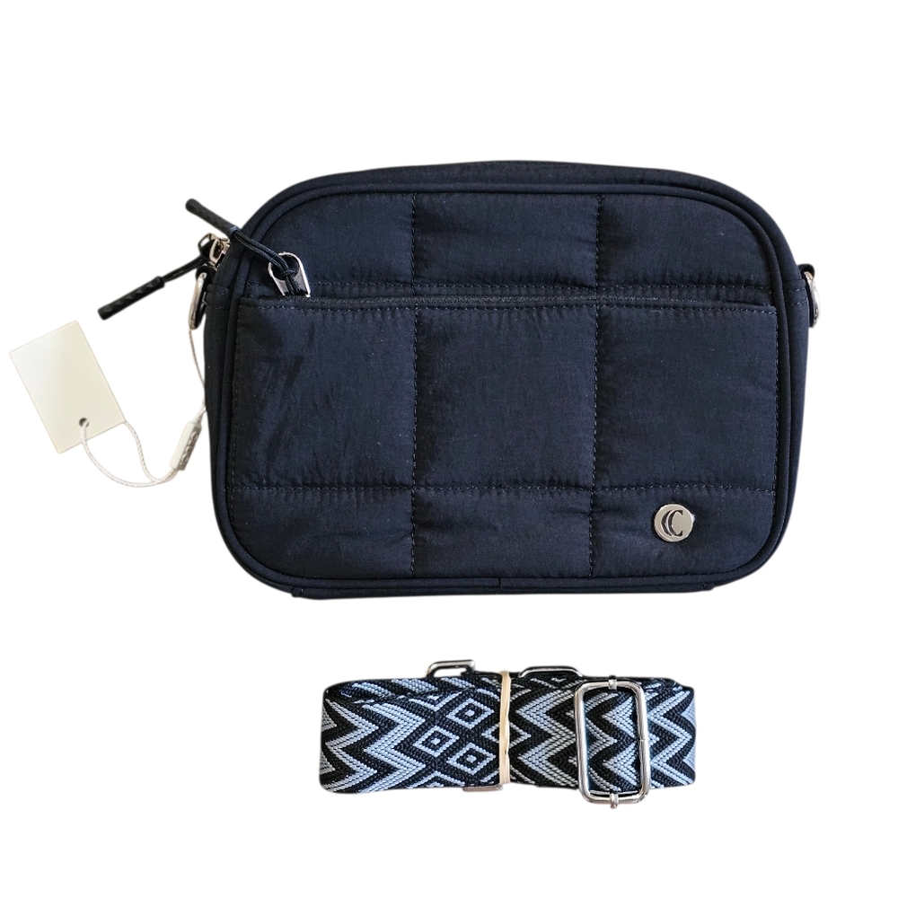 Black Quilted Crossbody Lightweight Puffer Bag Purse W/ Guitar Strap